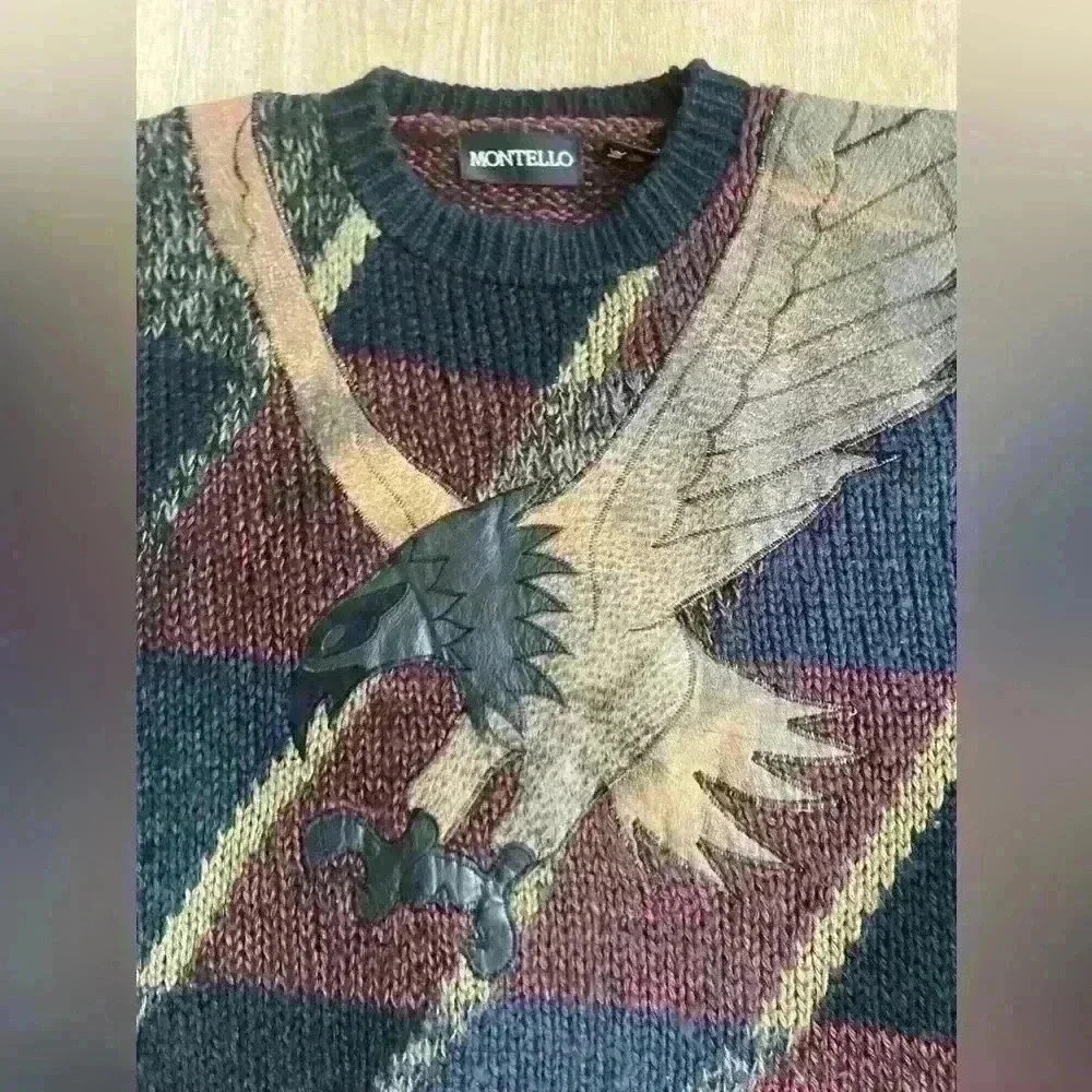 Vintage 90s Patchwork Knit Dad Sweater Bald Eagle w/ Leather Accents Medium - Picture 3 of 8
